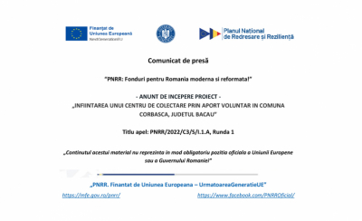 PNRR: anunt de incepere proiect – Infiintarea unui centru de colectare prin aport voluntar in comuna CORBASCA, JUDETUL BACAU